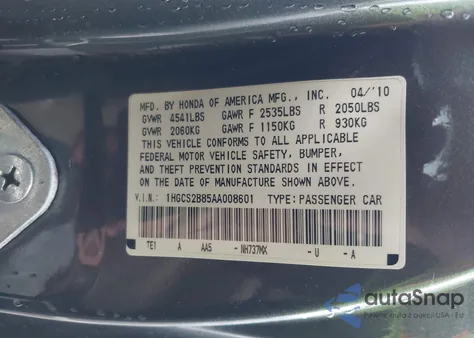 2010 Honda Accord 3.5 Ex-L z USA, uszkodzony, nr VIN 1HGCS2B85AA008601